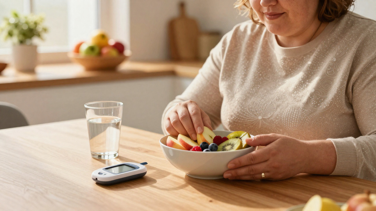 Woman eating fresh fruit salad at a wooden table with a glucose meter and glass of water nearby.