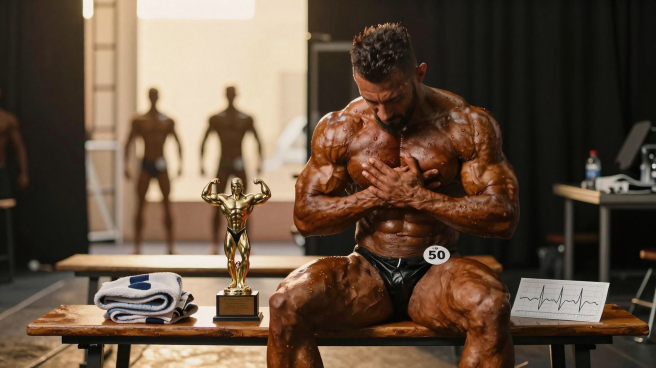 Muscular bodybuilder sitting on a bench, clutching chest, with trophy and ECG chart nearby backstage.
