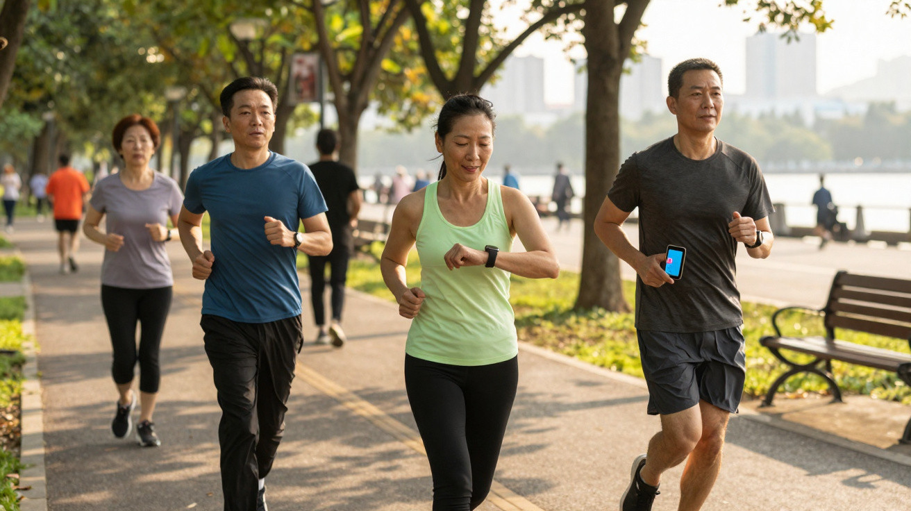 Group of four adults jogging on a tree-lined park path near a river on a sunny day.