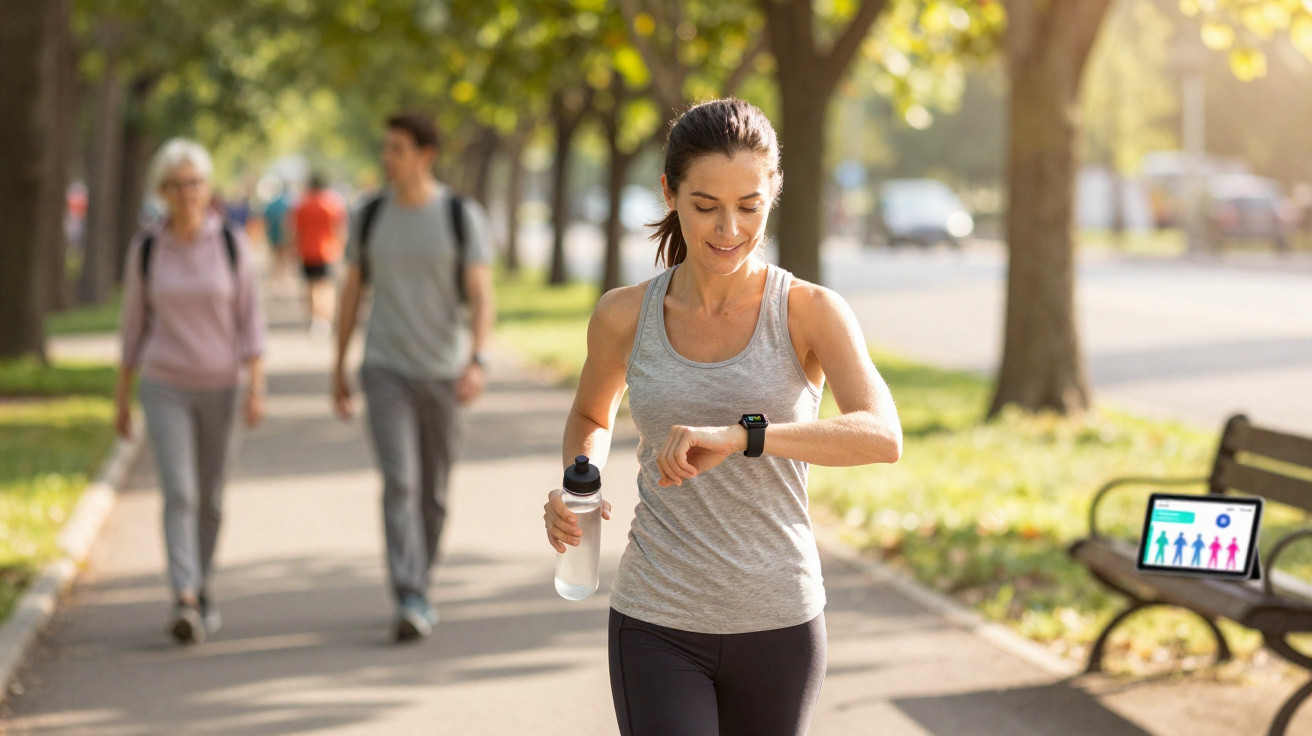 Woman in sportswear holding a water bottle and checking her smartwatch while jogging in a sunlit park.
