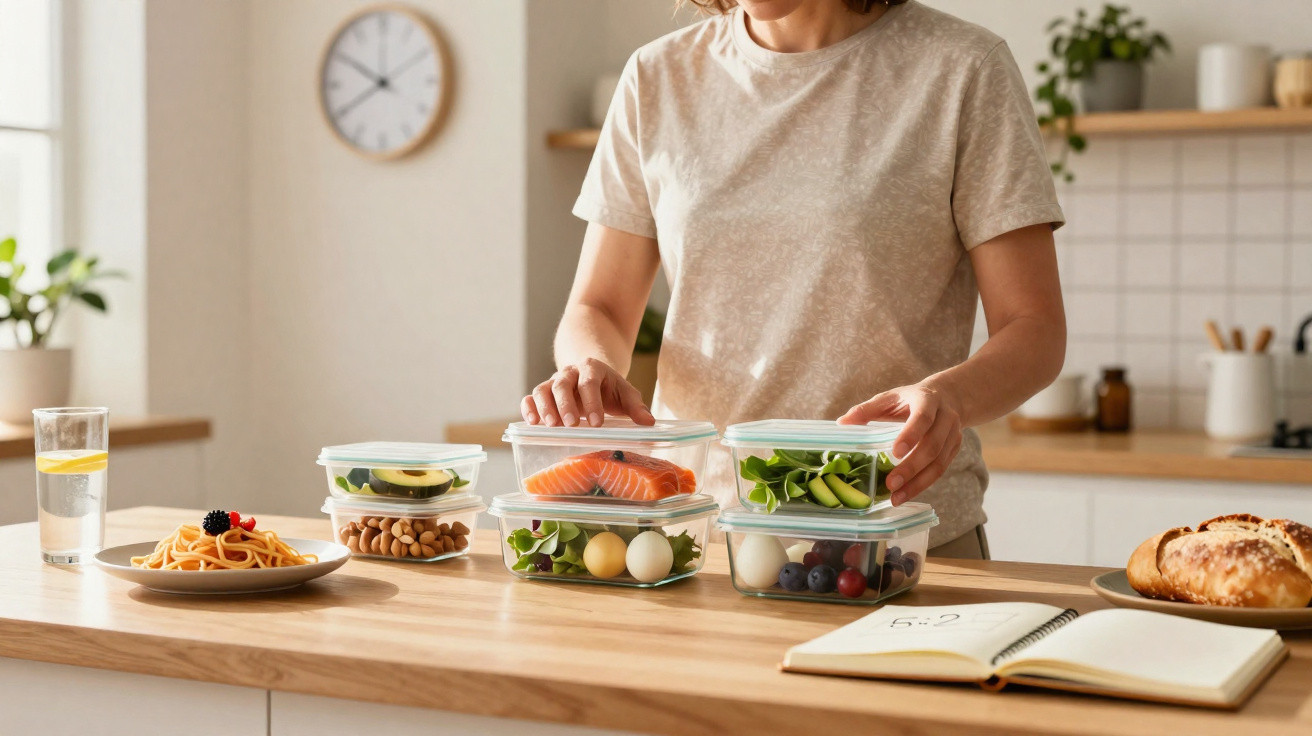 Person organising various healthy foods in plastic containers on a kitchen counter with a clock in the background.