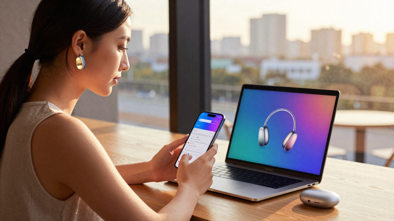 Woman wearing wireless earbuds using smartphone and laptop with headphones image at a wooden table by a window.