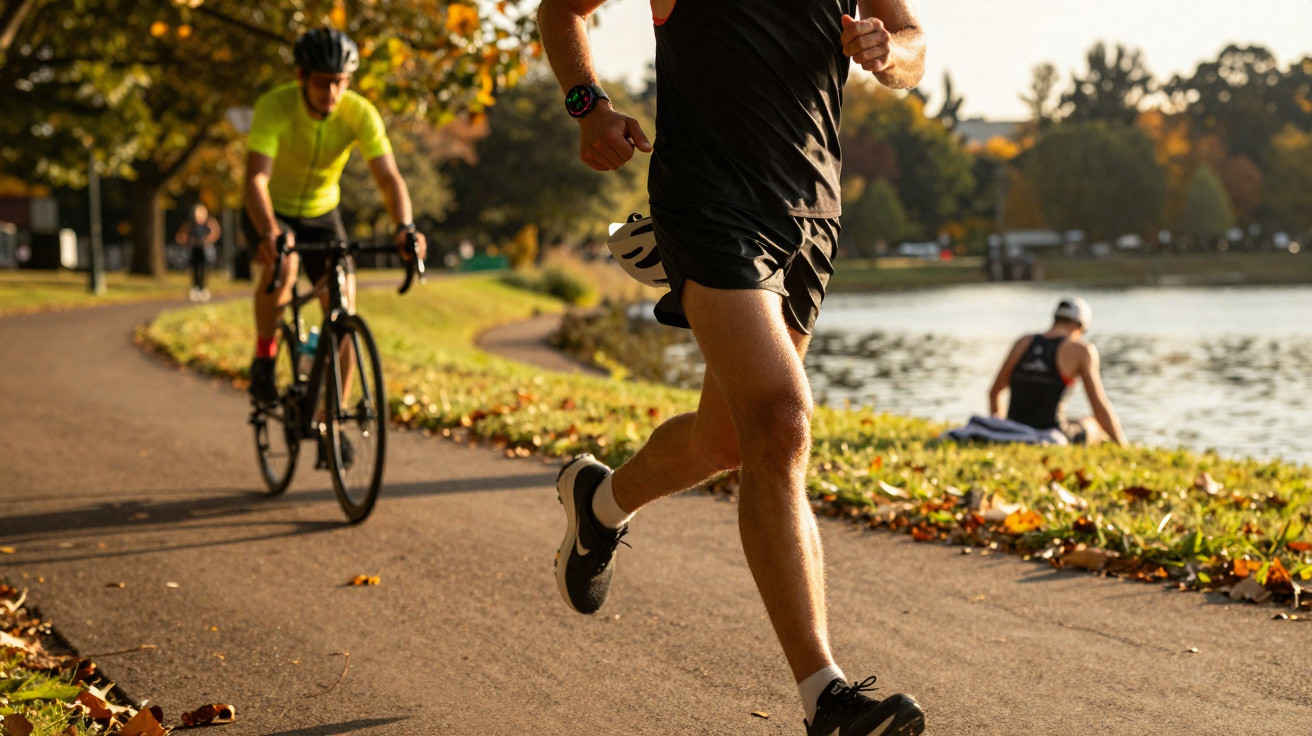 Runner in black shorts and cyclist in yellow top on a path by a lake with autumn leaves and a swimmer nearby.