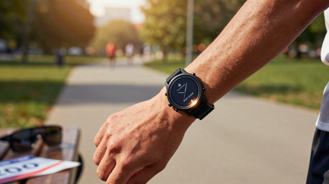 Close-up of a person’s wrist wearing a black smartwatch while standing on a sunny park pathway.