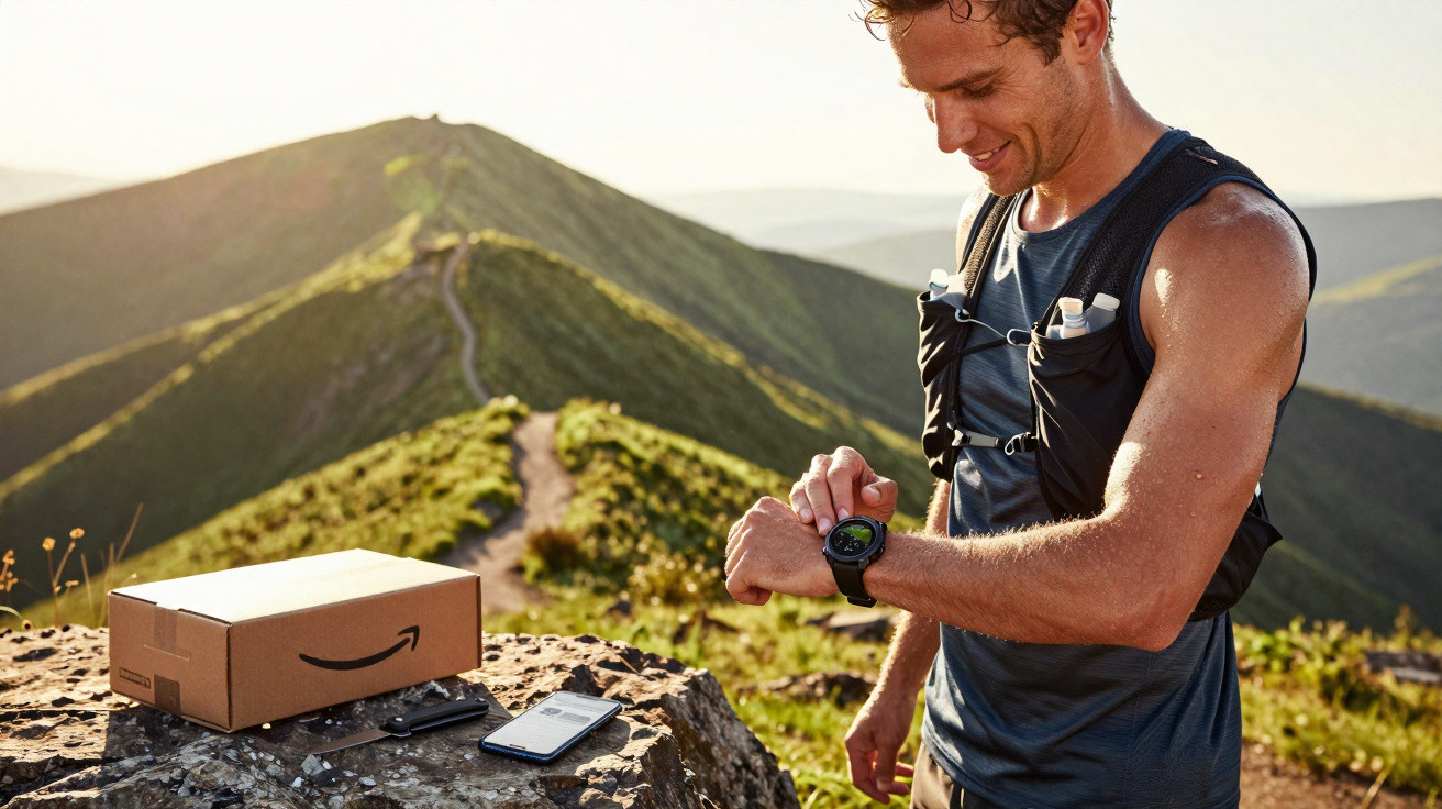 Man in running gear checking smartwatch on mountain trail with Amazon parcel and phone on rock nearby