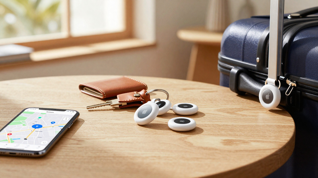 Smartphone showing map app, leather wallet, keys with trackers, and suitcase with luggage tracker on wooden table.