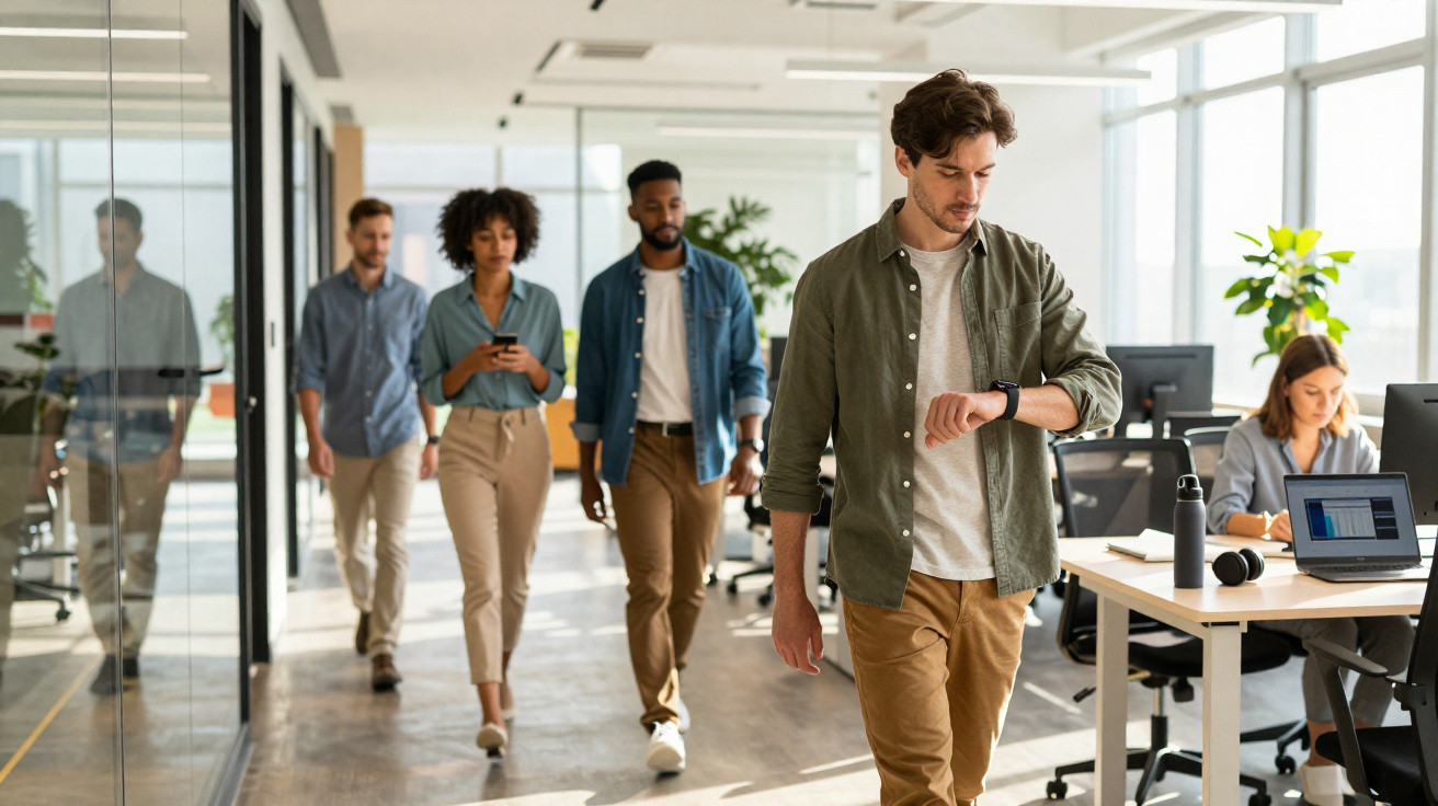 Young professionals walking through a bright modern office with one man checking his smartwatch.
