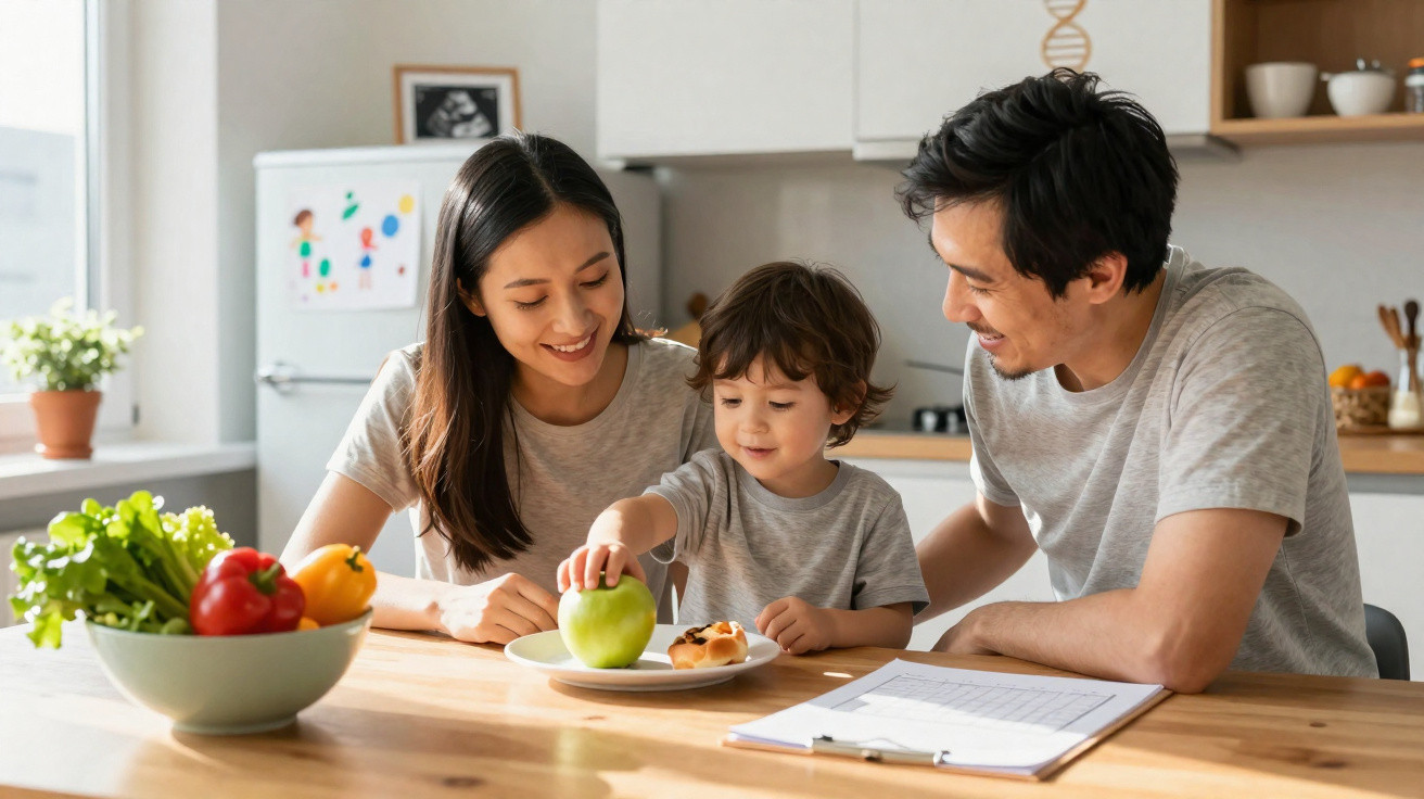 Smiling family of three sitting at kitchen table with fruit bowl, clipboard, and child reaching for an apple.