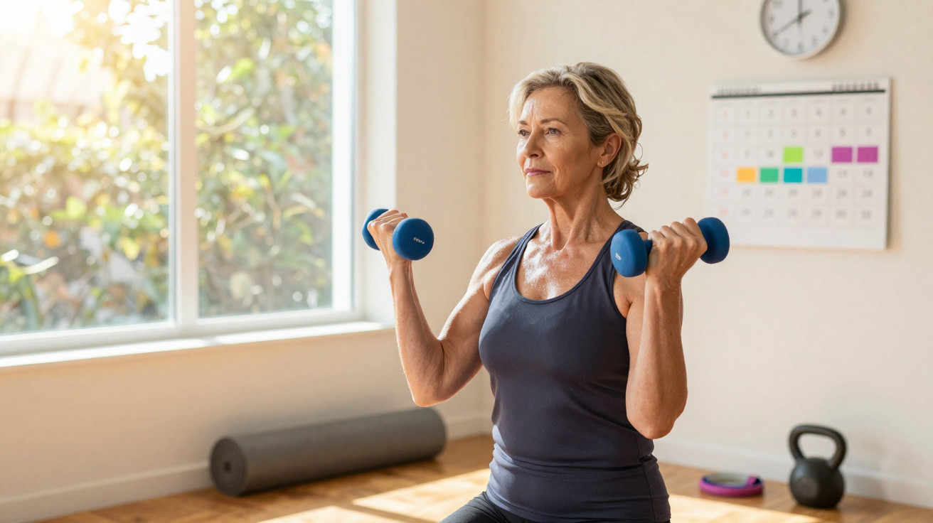 Mature woman lifting blue dumbbells during indoor workout in a bright room with fitness equipment.