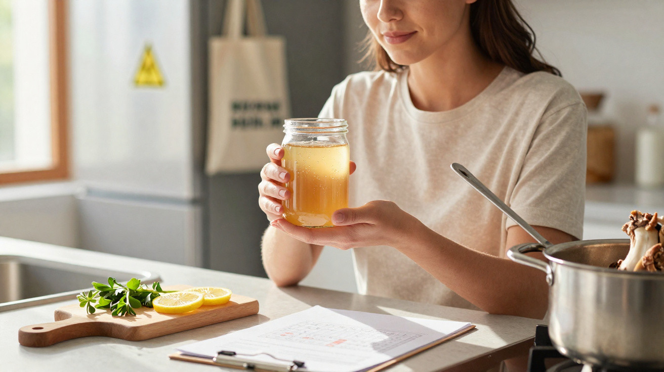 Woman holding a glass jar of homemade broth in a kitchen with herbs and lemon slices on a chopping board nearby.