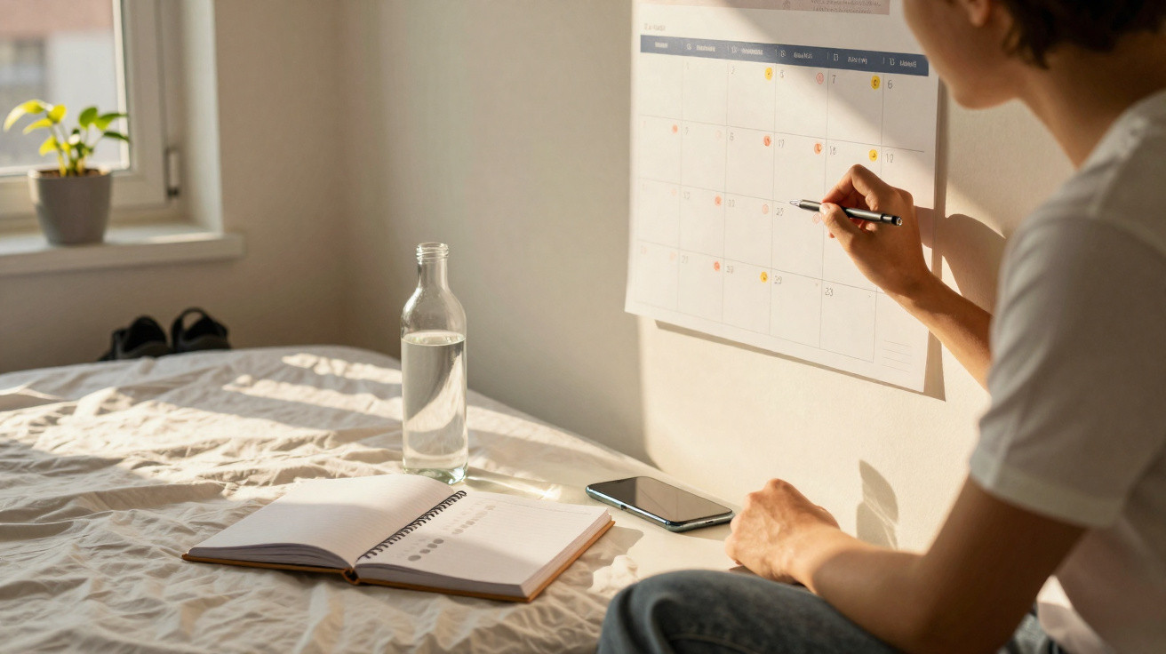 Person marking dates on a wall calendar with notebook, phone, and water bottle on a bed in natural light.