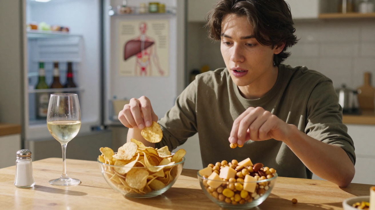Young man sitting at a table picking snacks from bowls of crisps and mixed nuts with a glass of white wine nearby.