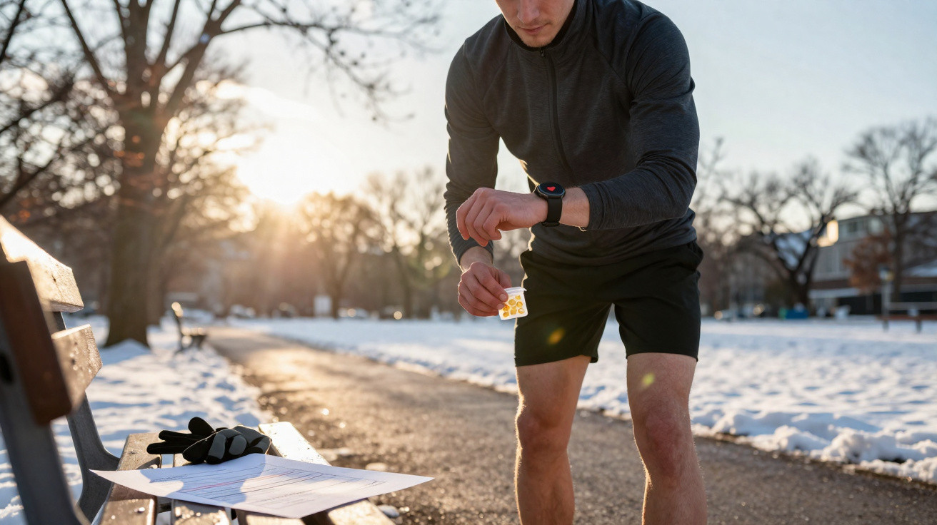 Man in sportswear taking energy gel beside park bench on snowy path at sunrise.
