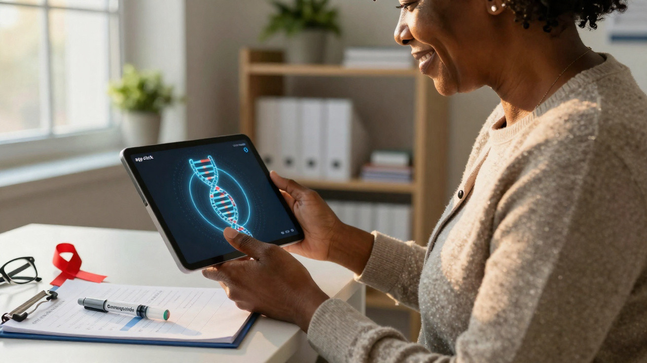 Woman holding tablet displaying DNA helix with medical items on desk in bright office setting