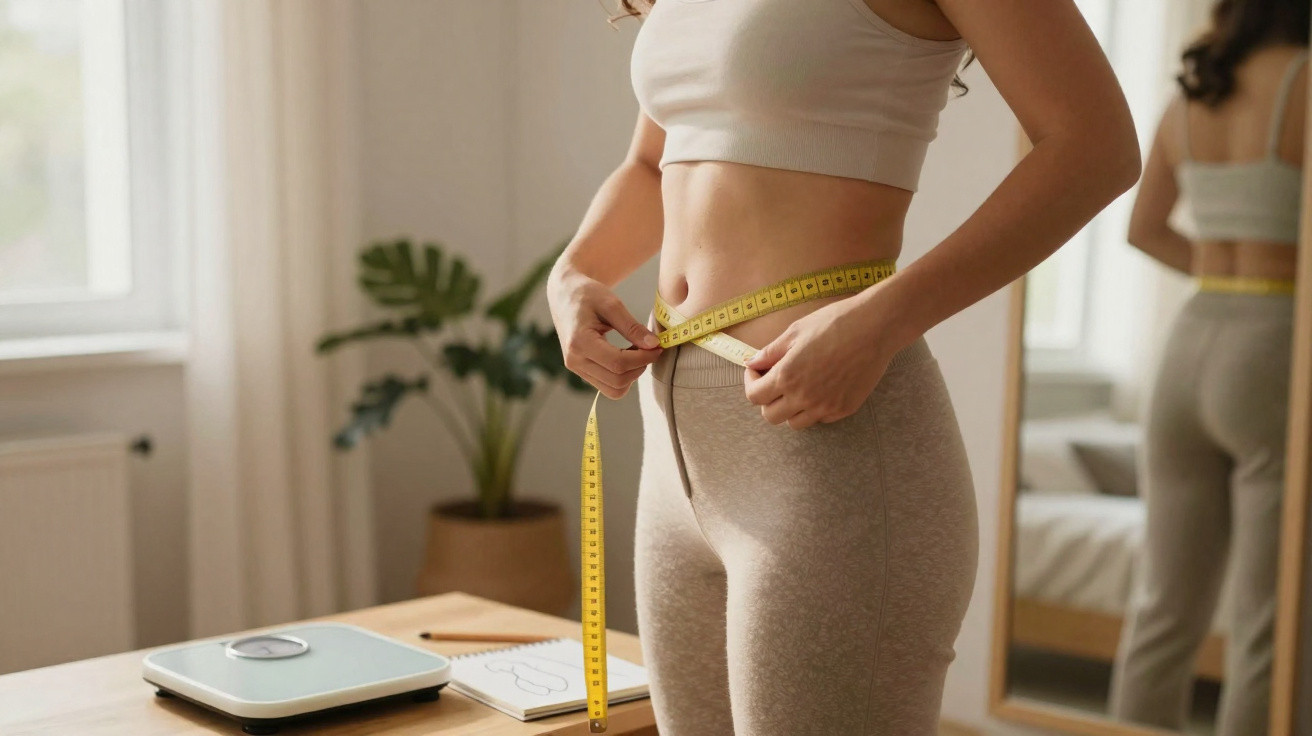 Woman measuring her waist with a tape measure in a bright room with a scale and mirror nearby.