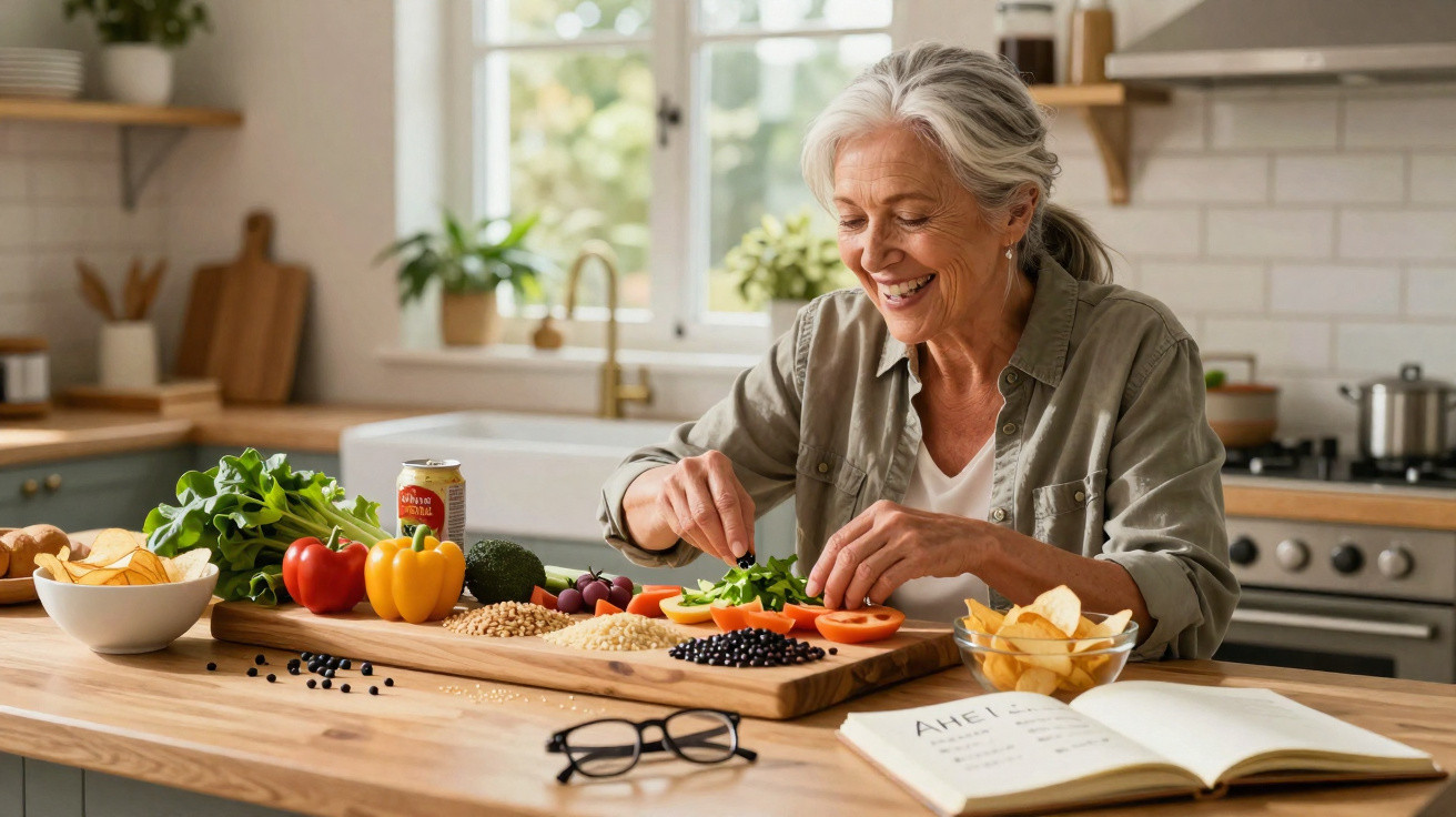 Older woman preparing fresh vegetables on a chopping board in a bright kitchen with an open cookbook.