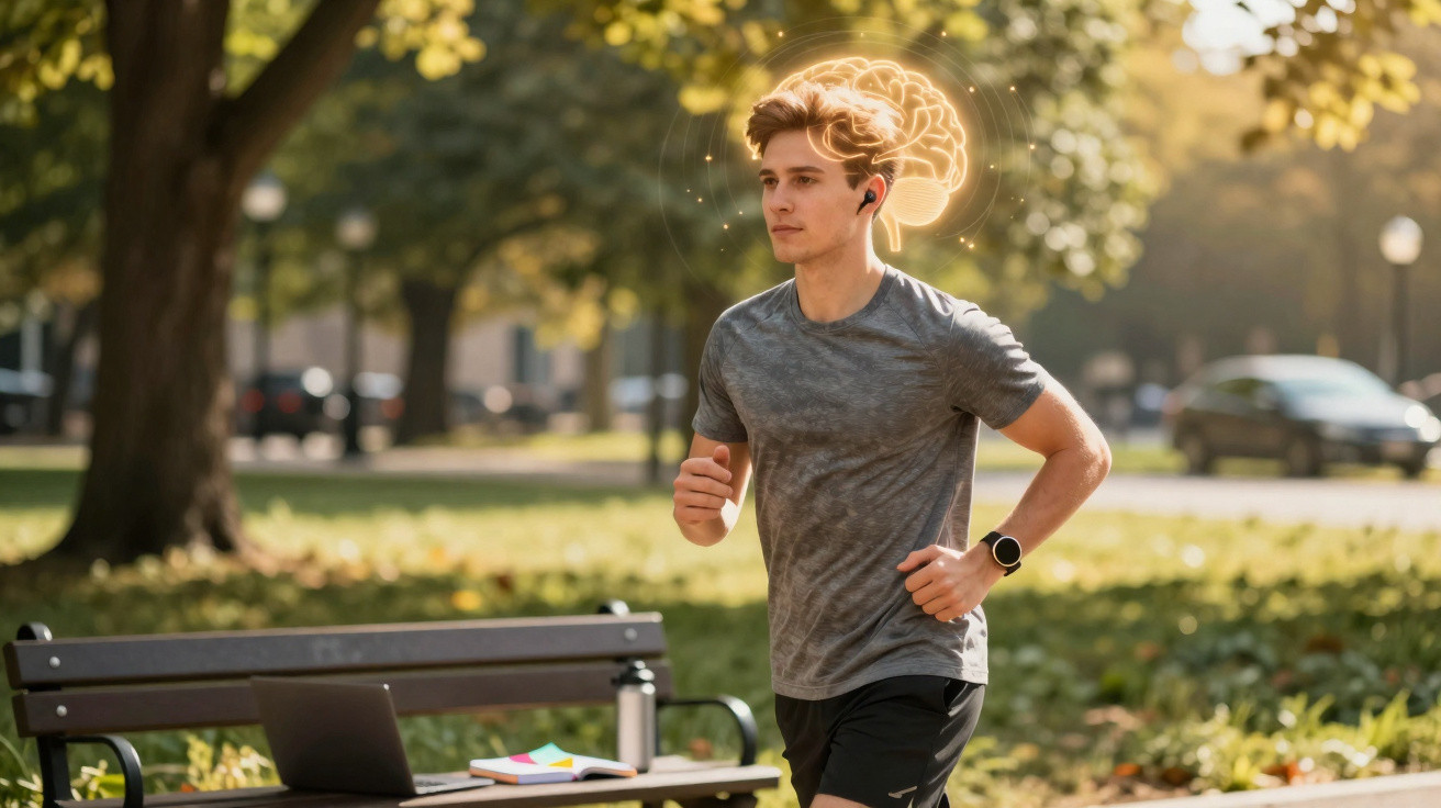 Young man jogging in park with glowing brain illustration above his head, wearing workout clothes and smartwatch.
