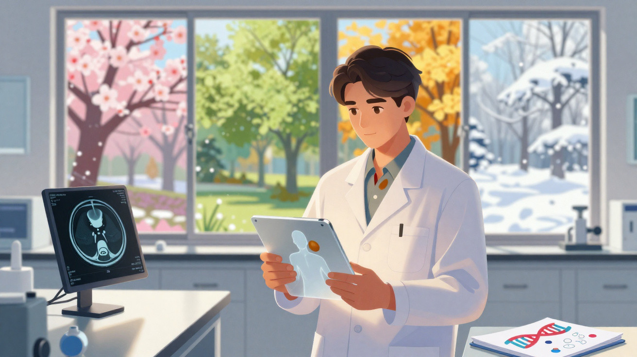 Scientist analysing a tablet in a lab with windows showing four seasons in the background.