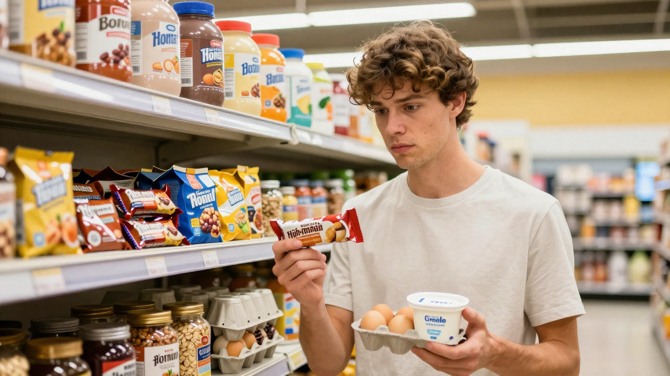 Young man in white t-shirt reading label of a snack bar while holding eggs and yoghurt in a grocery store aisle.