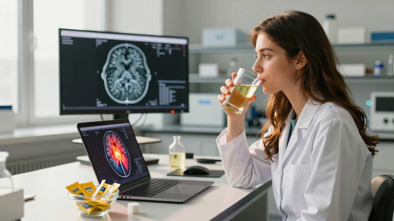 Female scientist in a lab coat drinking tea while analysing brain scans on a laptop and monitor in a laboratory.