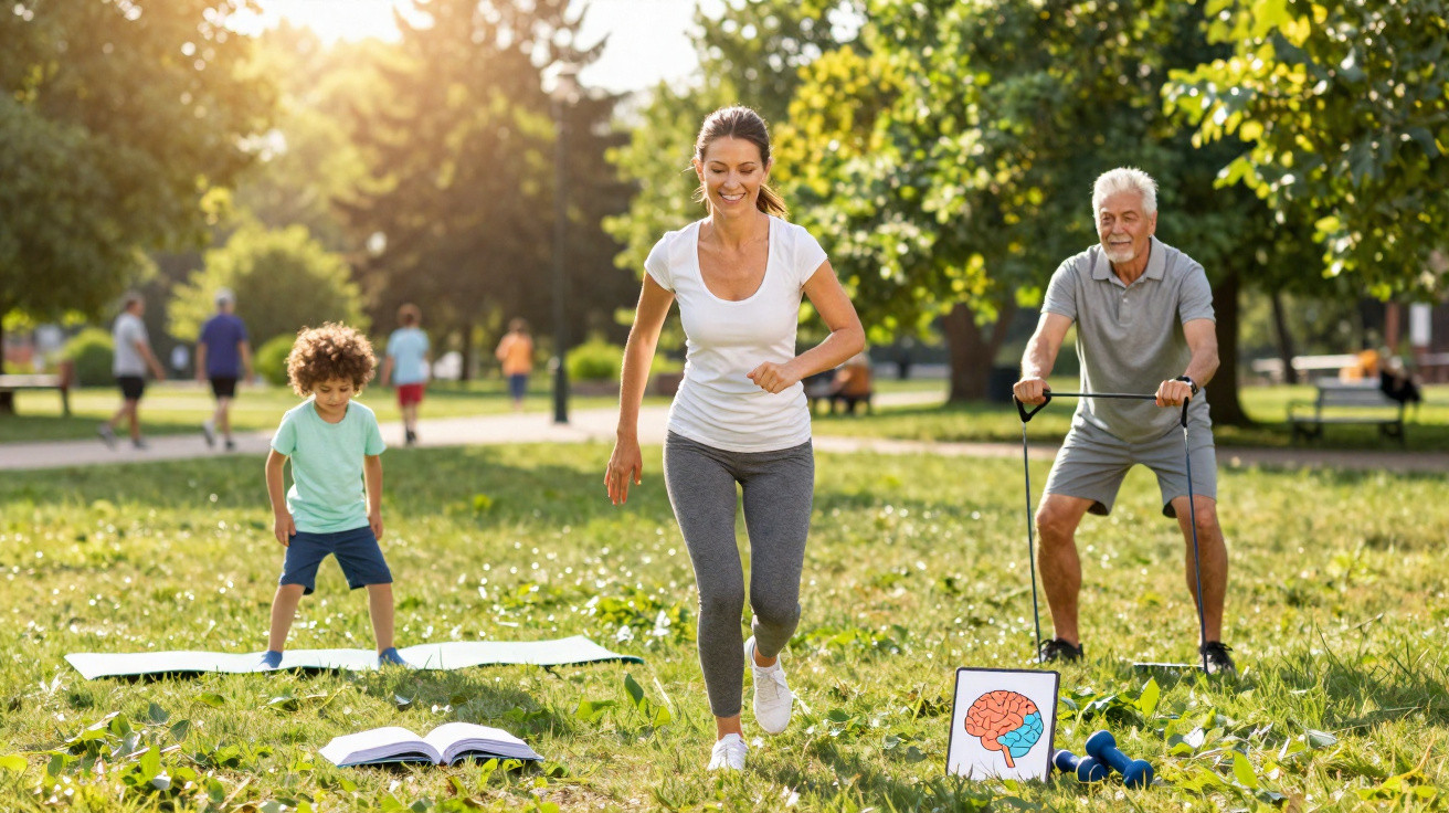 Family of three exercising outdoors in a sunny park with yoga mats, books, and dumbbells on the grass.