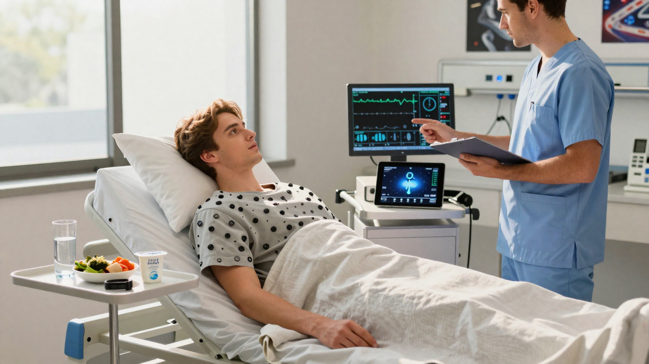 Young male patient lying in hospital bed with nurse checking heart monitor and holding clipboard.