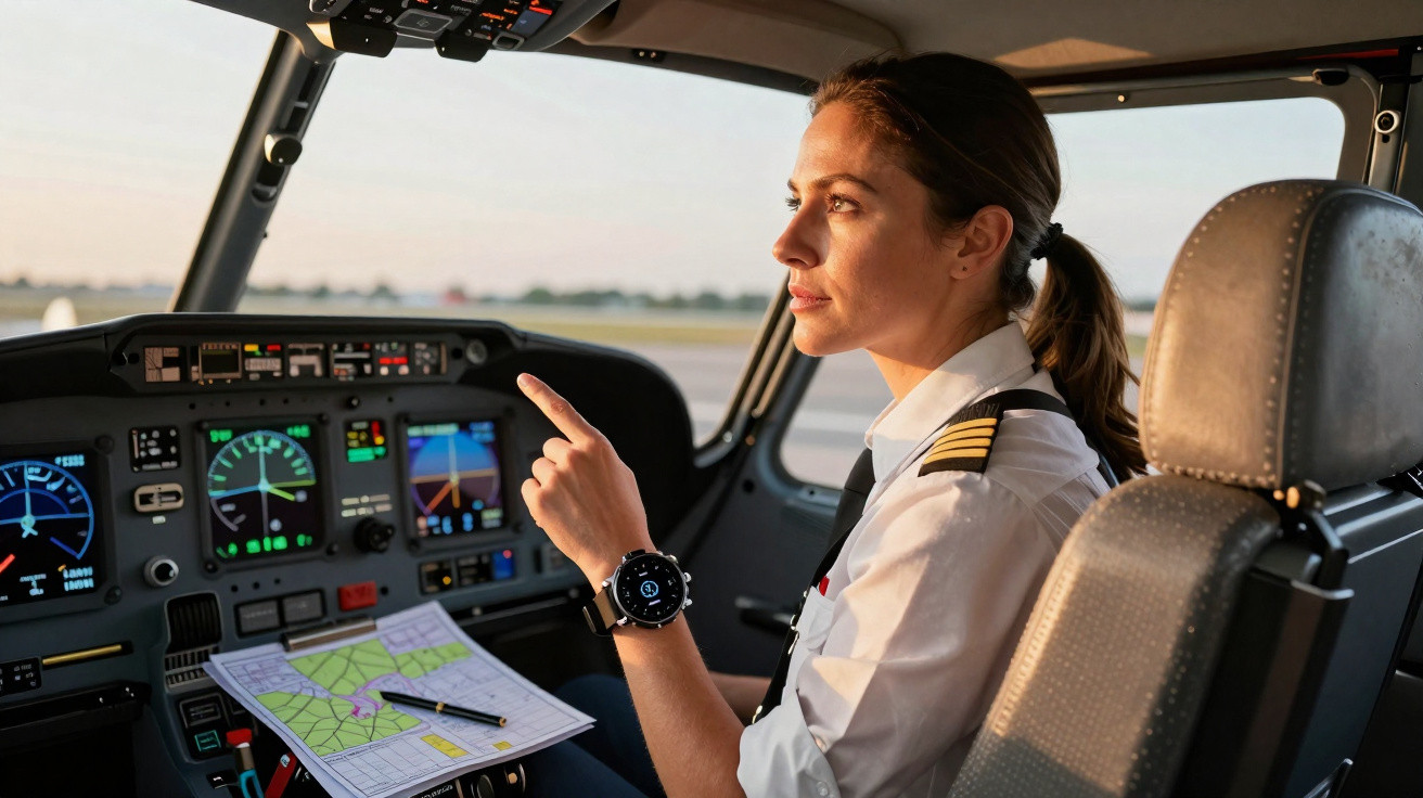 Female pilot in uniform pointing at controls inside a small airplane cockpit during sunset