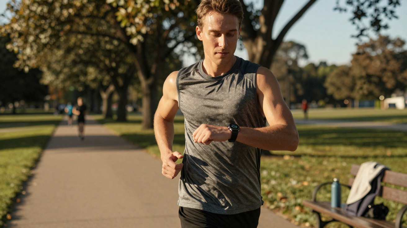 Young man in sleeveless top checking smartwatch while running in park on sunny autumn day