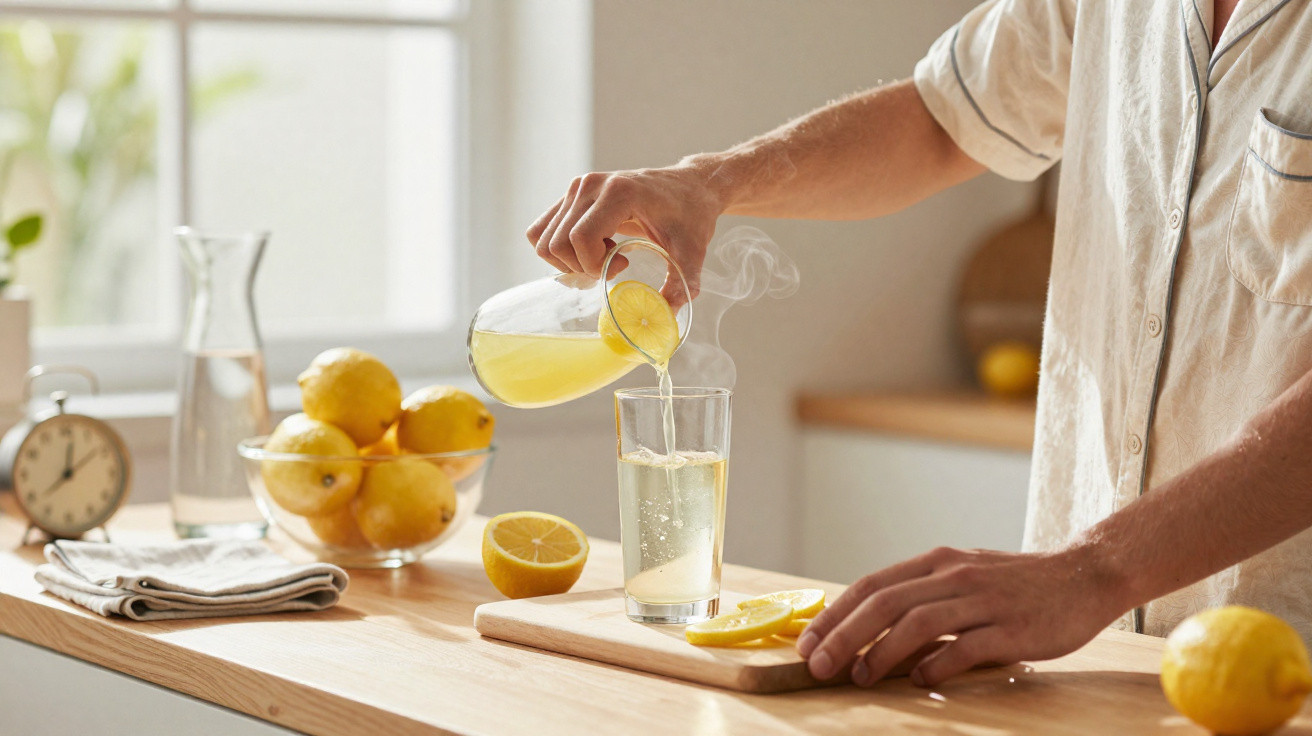Person pouring fresh lemon juice into a glass on a kitchen counter with lemons and a clock nearby
