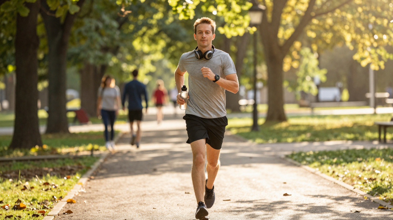 Man jogging in park path wearing headphones and holding water bottle on a sunny day with trees and people walking.