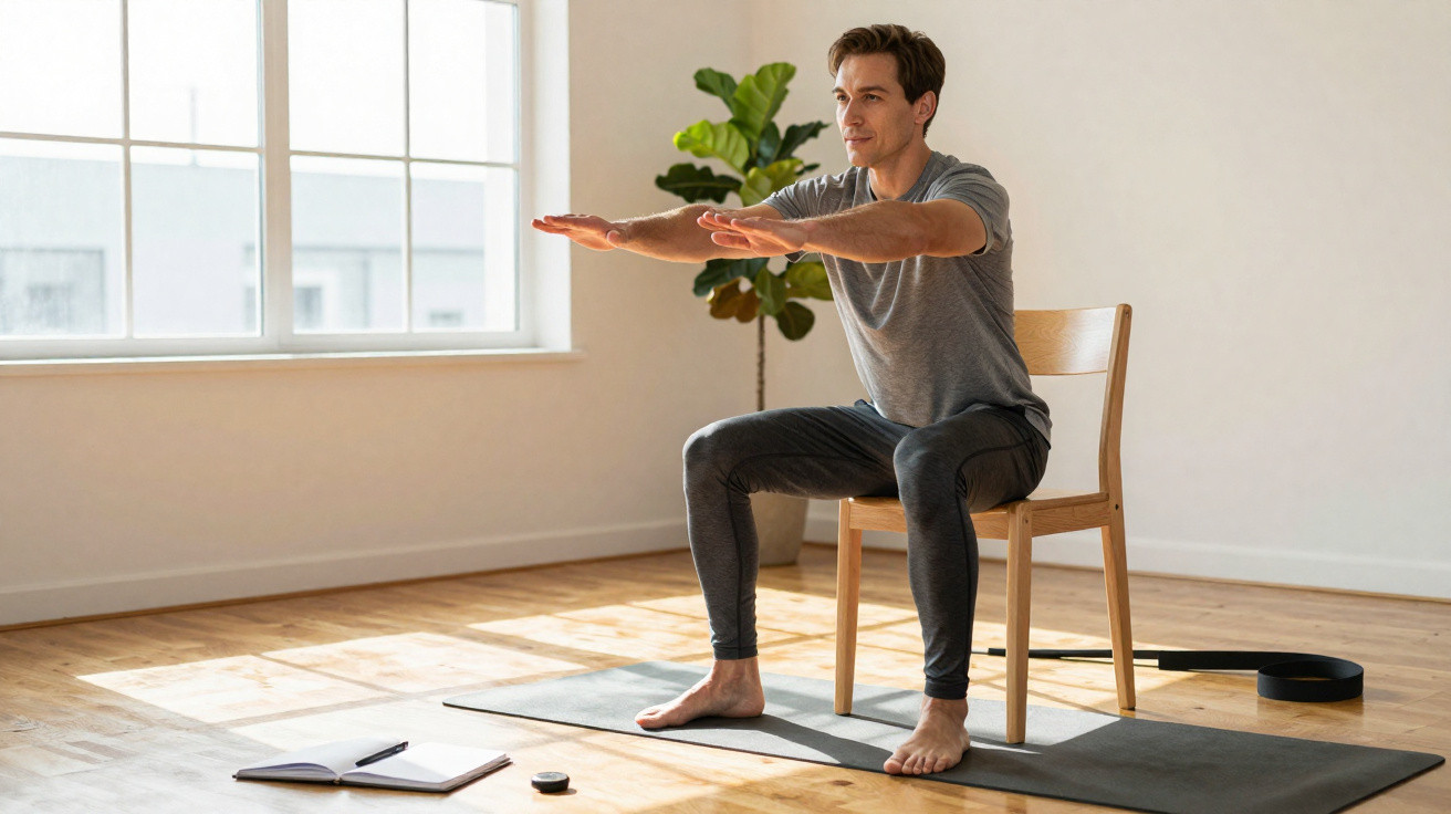 Man in grey outfit doing seated chair exercise on yoga mat in bright room with large window and plant.