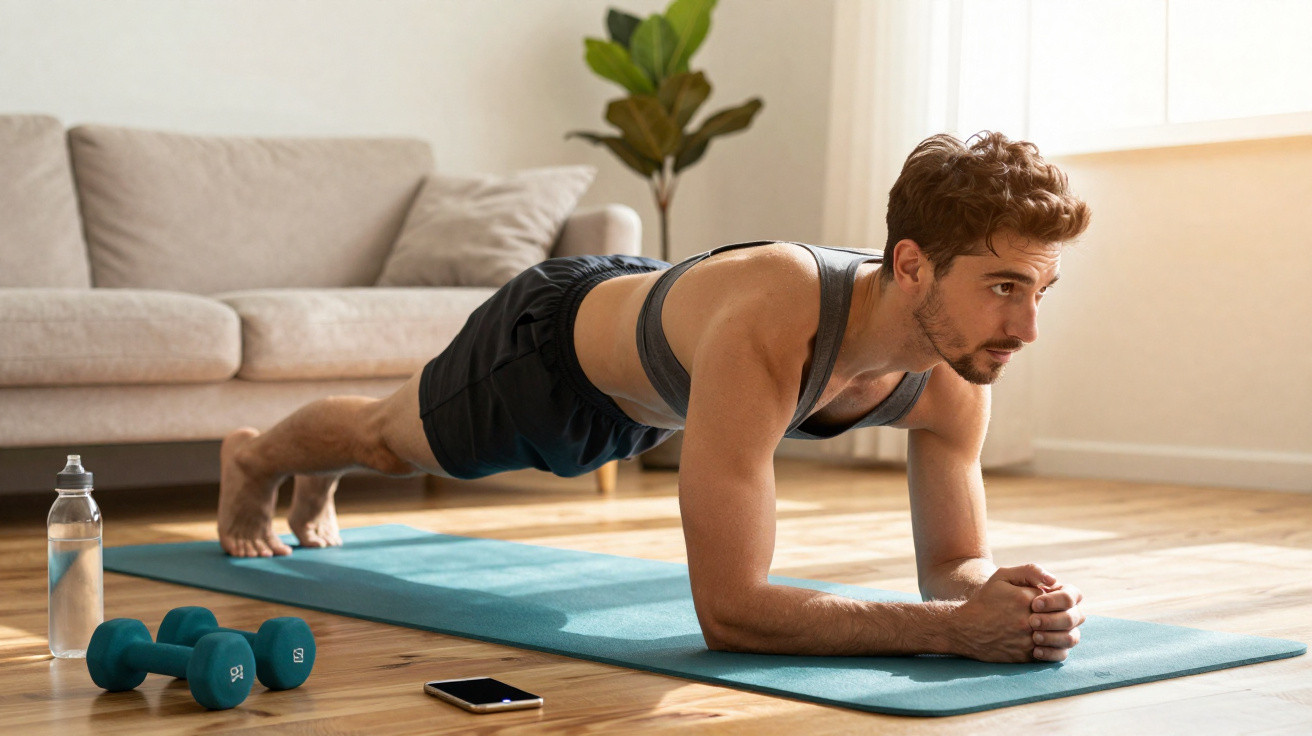 Man in sportswear doing a plank exercise on a yoga mat in a bright living room with dumbbells and water bottle nearby.