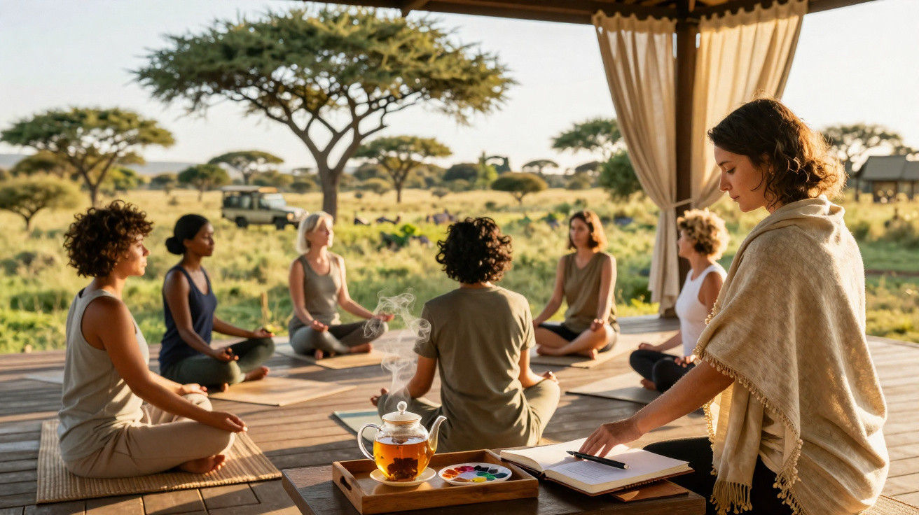 Group of people meditating outdoors on wooden deck with acacia trees and safari tents in the background.
