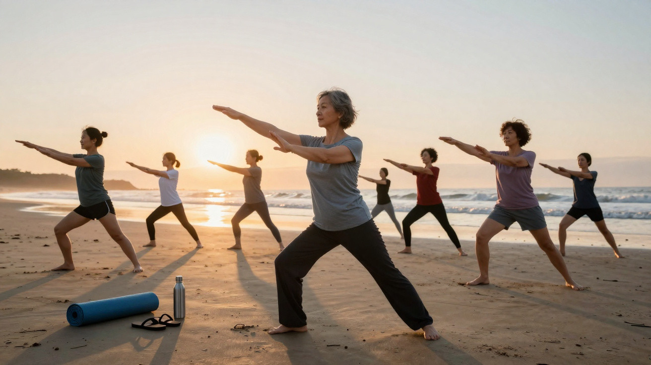 Group of diverse people practising yoga on the beach at sunrise with mats and water bottle nearby
