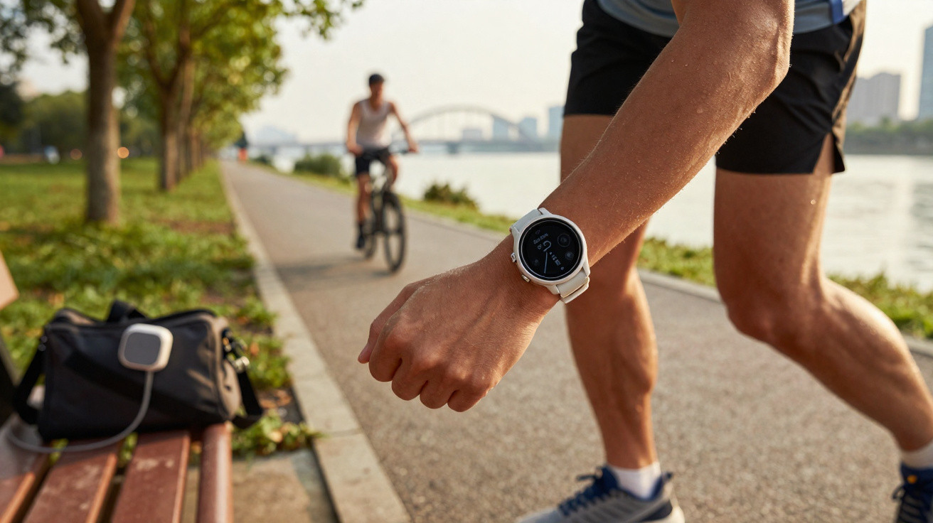 Close-up of a person checking a smartwatch while another cycles on a riverside path in a park.