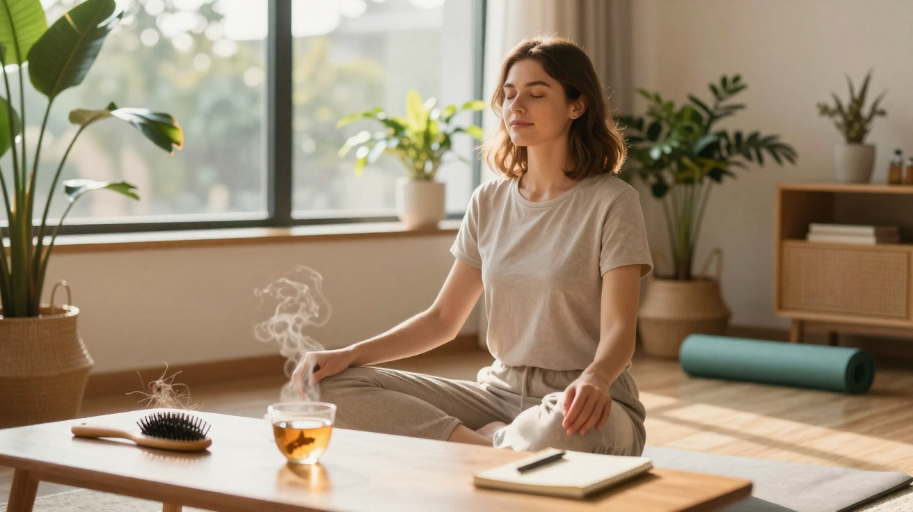 Young woman meditating cross-legged in a sunlit room with plants, tea, and a journal on a wooden table.