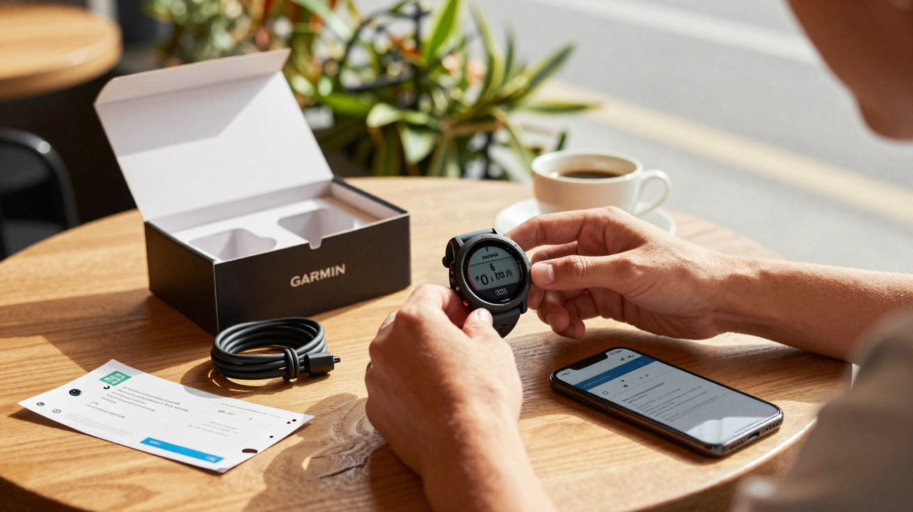 Person holding a Garmin smartwatch next to its open box, charging cable, smartphone, and a cup of coffee on a wooden table.