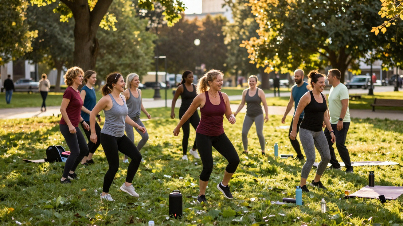 Group of diverse adults enjoying outdoor exercise class in sunny park surrounded by green grass and trees.