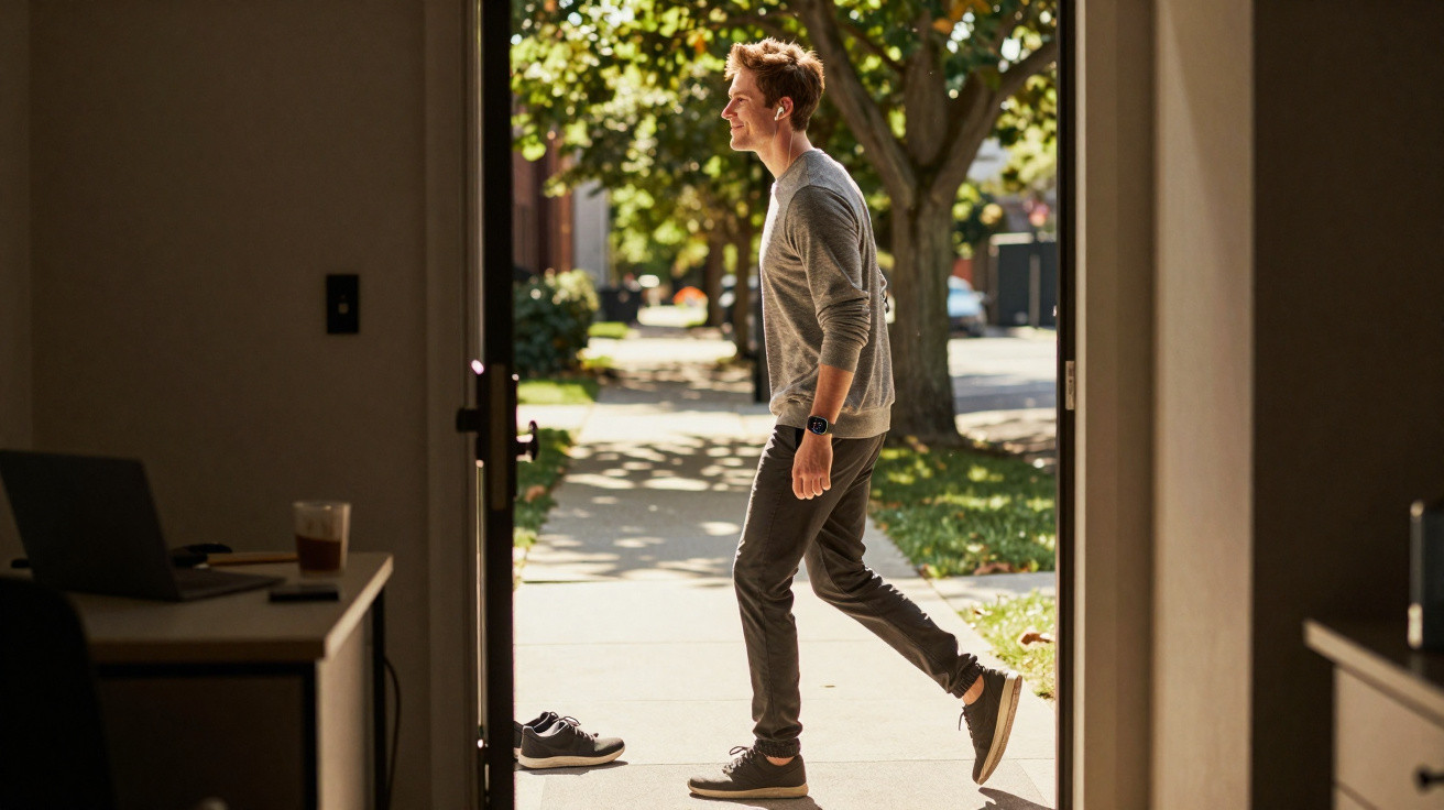 Young man stepping outside a doorway onto a sunlit suburban pavement on an autumn day.