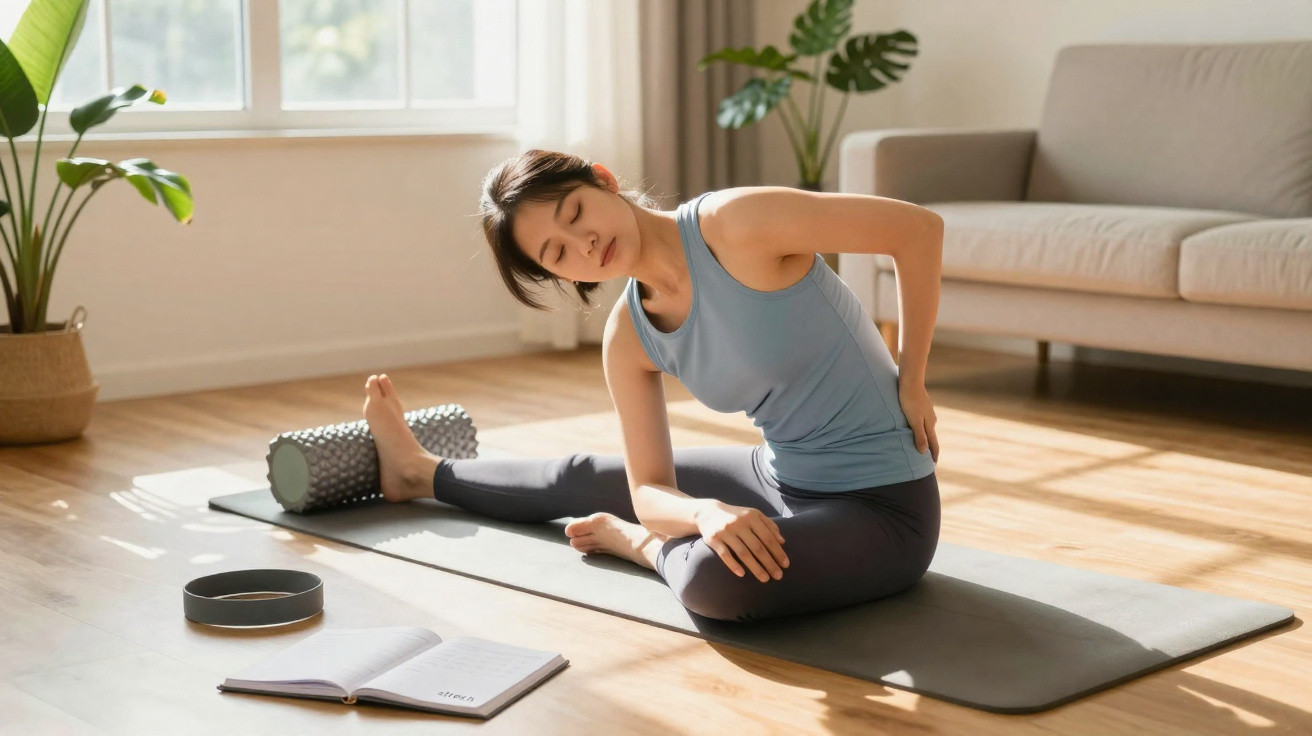 Woman in sportswear stretching on a yoga mat in a bright, cosy living room with a foam roller and open book nearby.