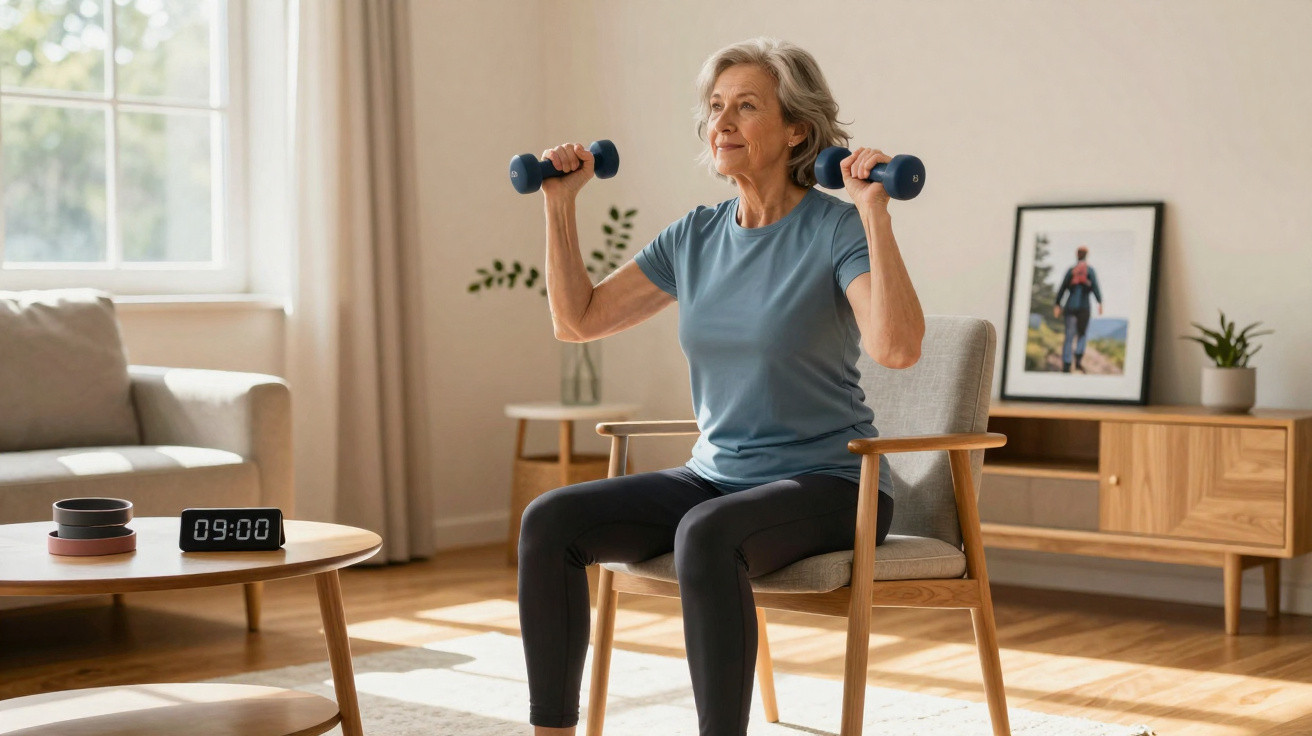 Senior woman in blue T-shirt exercising with hand weights while seated in a living room chair.