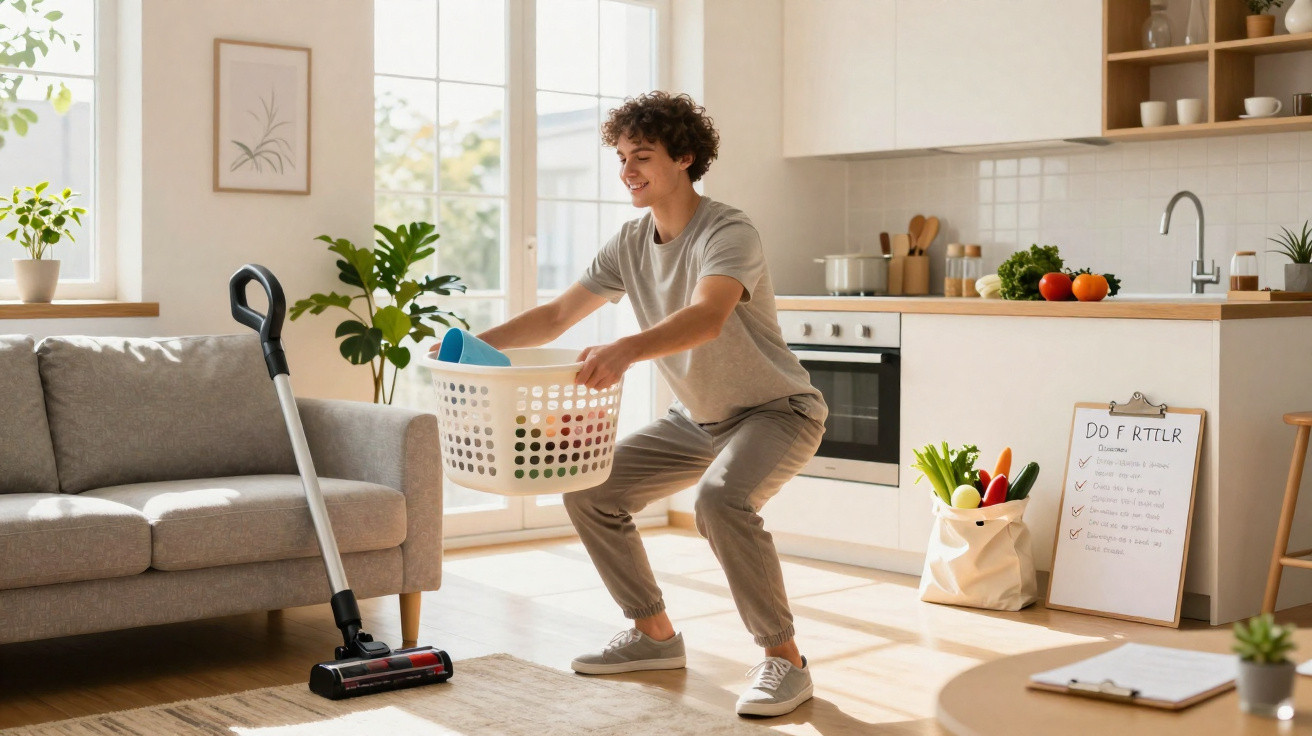 Young man lifting a laundry basket doing squats in a bright, tidy living room with a vacuum cleaner nearby.