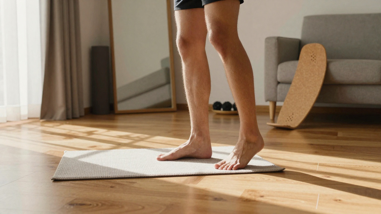 Bare feet of a person standing on a grey mat in a sunlit room with wooden flooring and a skateboard by a sofa.