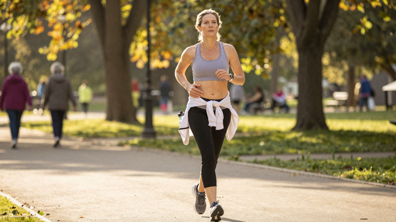 Woman jogging in sportswear on a tree-lined park path in autumn with other walkers in the background.