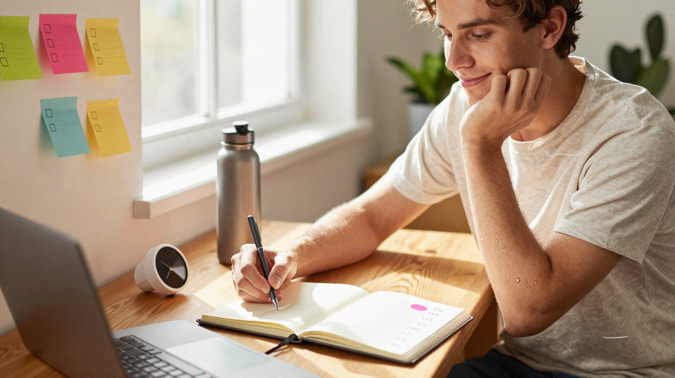 Young man writing in a notebook at a wooden desk with a laptop, clock, water bottle, and sticky notes on the window.