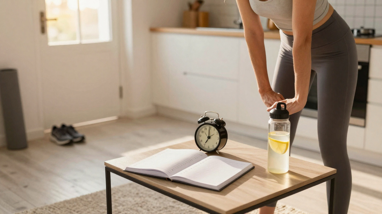 Person in workout clothes leaning on table with notebook, clock showing 8:00, and water bottle with lemon in a bright kitchen