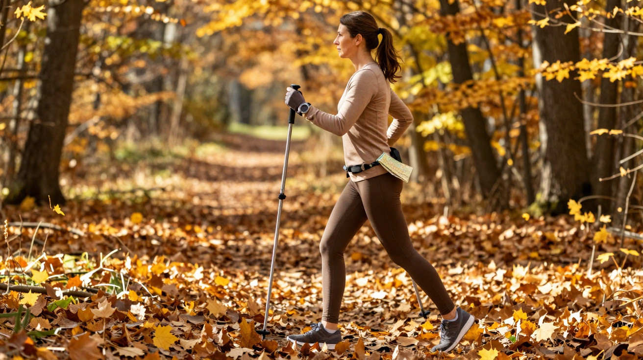 Woman walking with poles on a leaf-covered path in a forest during autumn.