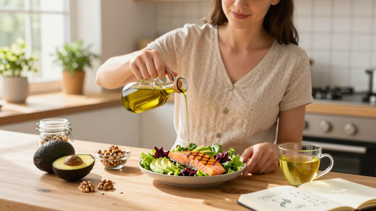 Woman pouring olive oil over a healthy salad with salmon, avocado, and nuts in a bright kitchen.