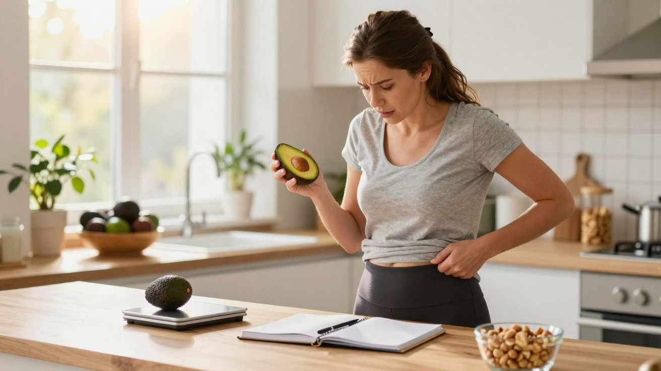 Woman in casual clothes holding half an avocado, looking concerned and touching her stomach in a kitchen.