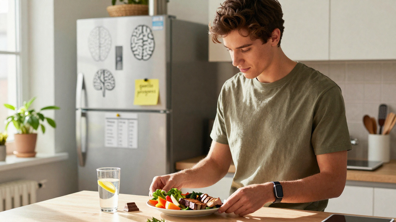 Young man in green t-shirt sitting at kitchen table preparing to eat a healthy meal with vegetables and water.